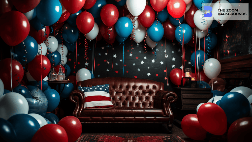 Brown Leather Sofa with Balloon Decor Zoom Background