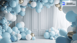 Soft Blue and White Balloons with Drape Zoom Background