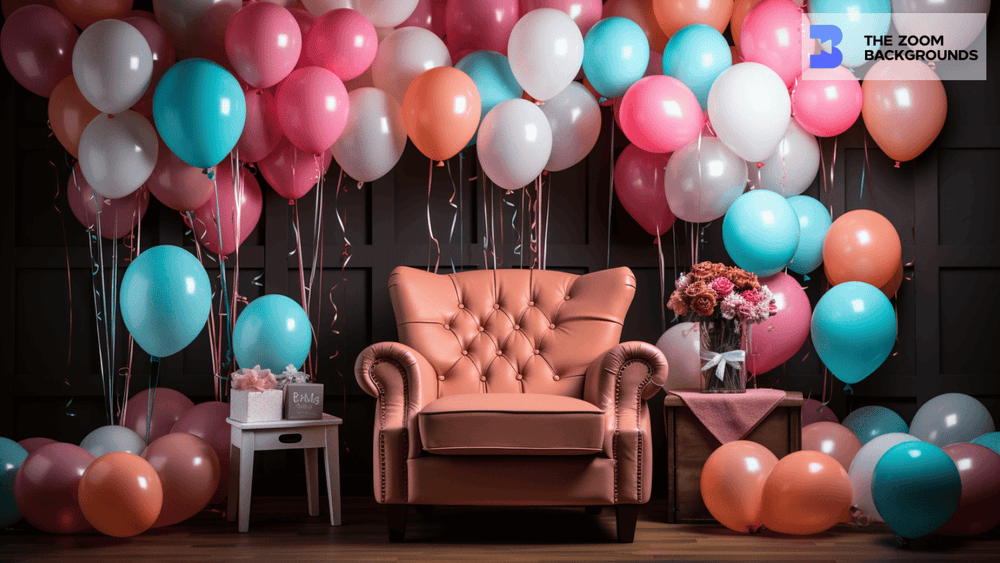 Vibrant Balloons with Single Sofa Zoom Background