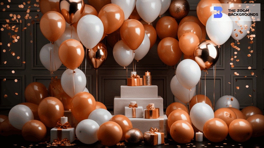 Metallic Orange Balloons with Gifts Zoom Background