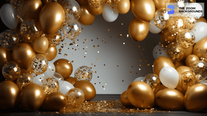 Gold Confetti and Balloon Arch Zoom Background