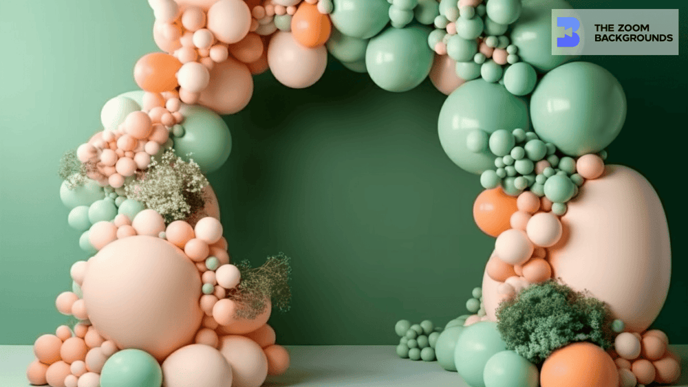 Romantic Peach and Green Balloon Arch Zoom Background