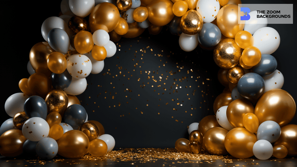 Sophisticated Black and Gold Balloon Arch Zoom Background