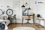 monochromatic open loft space apartment with floral motif zoom background