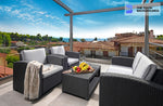 modern patio with wicker and rattan furnishings zoom background