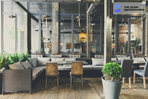 interior of coworking studio in loft style with dining and bar counter zoom background
