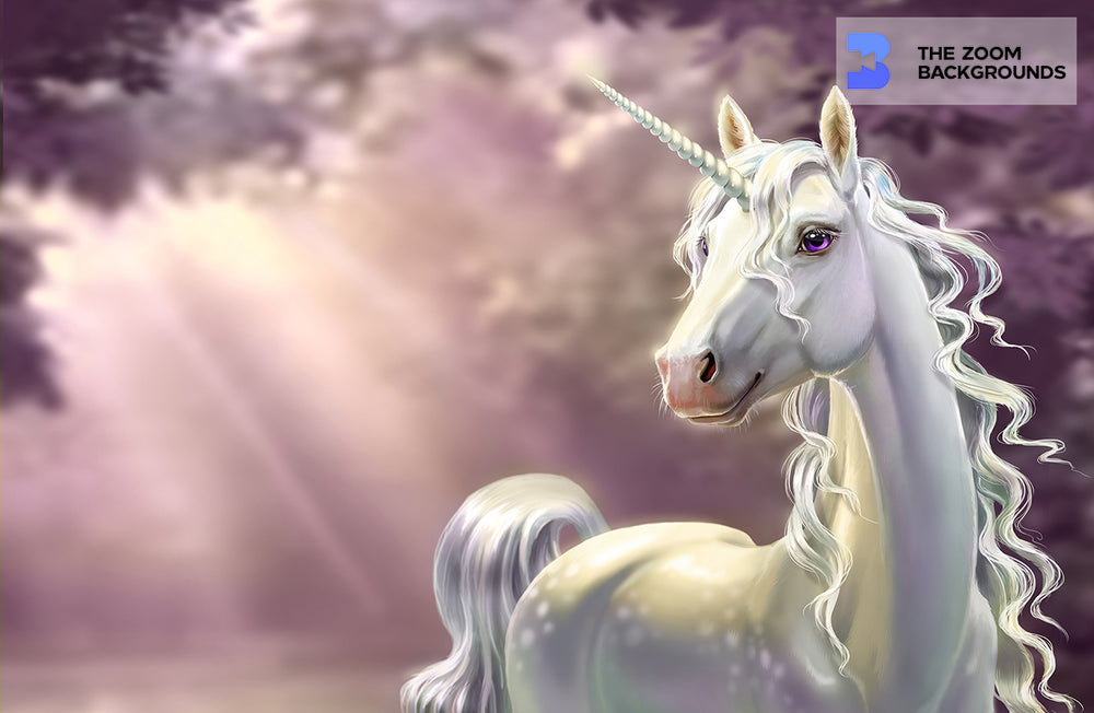 forest unicorn closeup with streaming light party event zoom background