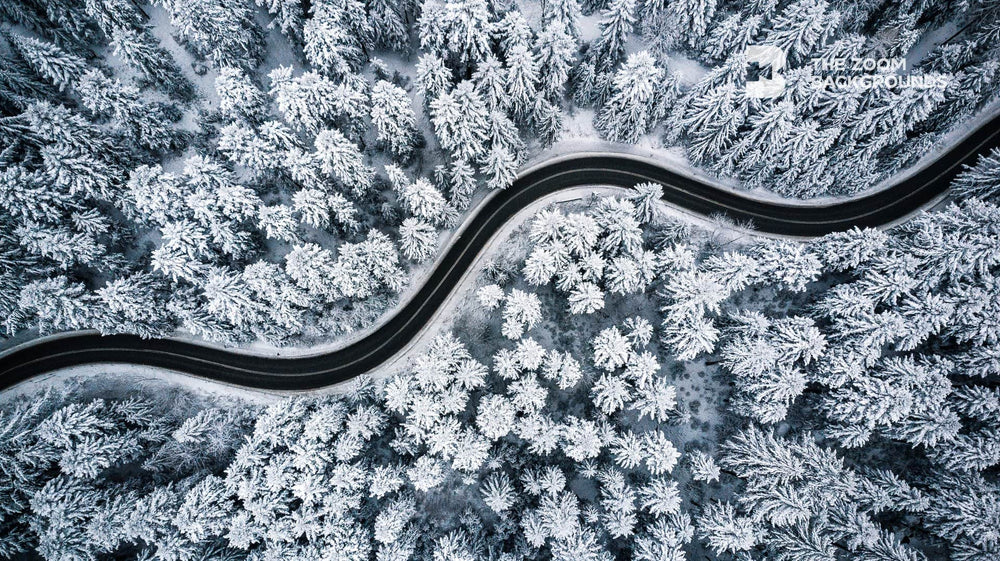 snowy forest winding road zoom background