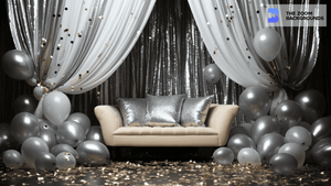 Sofa With Metallic Balloons and Drape Zoom Background