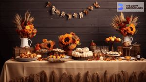 Thanksgiving Table with Sunflower Vases Zoom Background