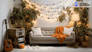 Cozy Sofa with String Lights and Guitar Zoom Background