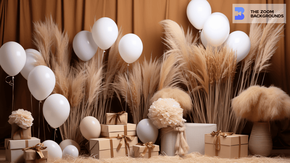 Boho Backdrop with Gifts and Pampas Zoom Background