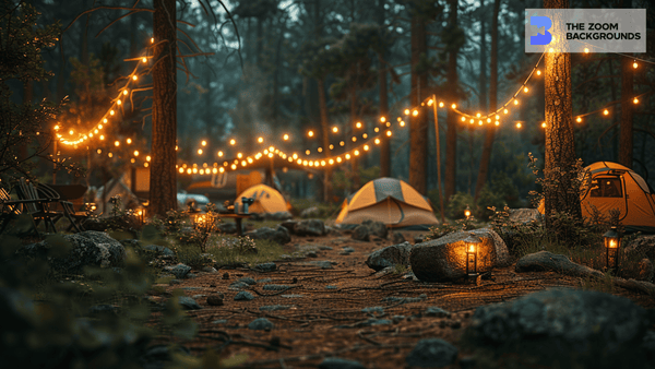 Fairy Light and Camping Tents Zoom Background – thezoombackgrounds.com