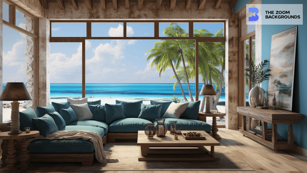 Beach Condo with Blue Pillows  Zoom Background