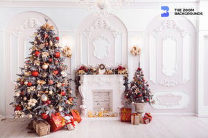 baroque fireplace between redornamented christmas trees zoom background
