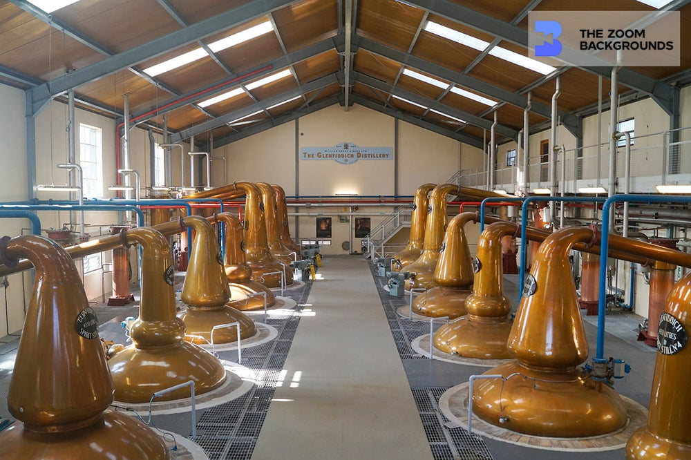 copper pot stills in a scotch distillery zoom backgrounds