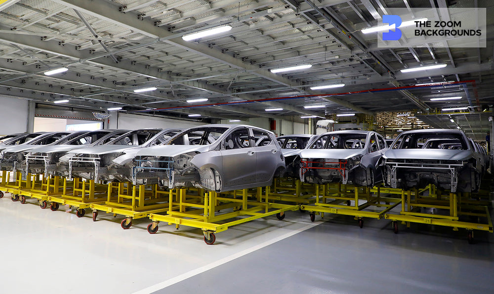 unfinished car frame in automakers production line zoom background