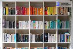 white bookcase in home packed with books zoom background