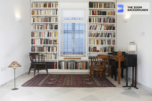 
            
                Load image into Gallery viewer, interior of library with arranged books zoom background
            
        
