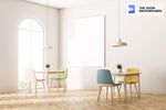 minimalistic loft vibe with white walls wooden floor  arched windows zoom background