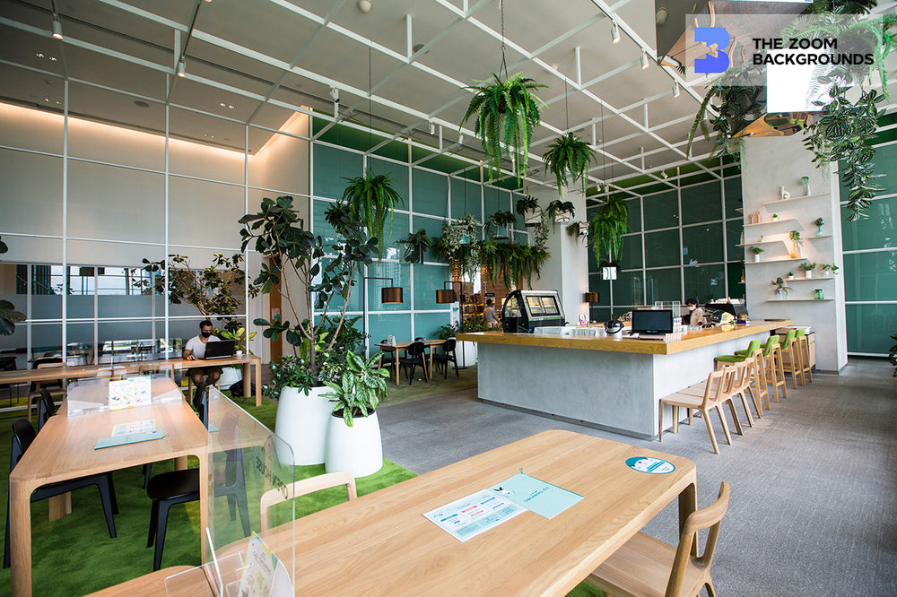 modern coworking space green and wood in bangkok zoom background