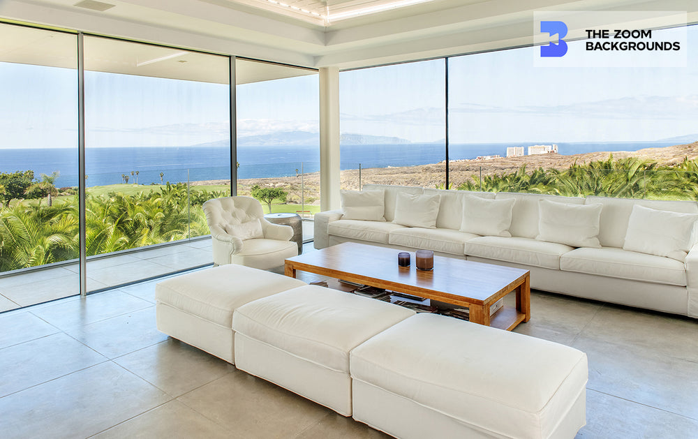 
            
                Load image into Gallery viewer, modern white villa with sea view living room zoom background
            
        