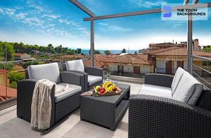 
            
                Load image into Gallery viewer, modern patio with wicker and rattan furnishings zoom background
            
        