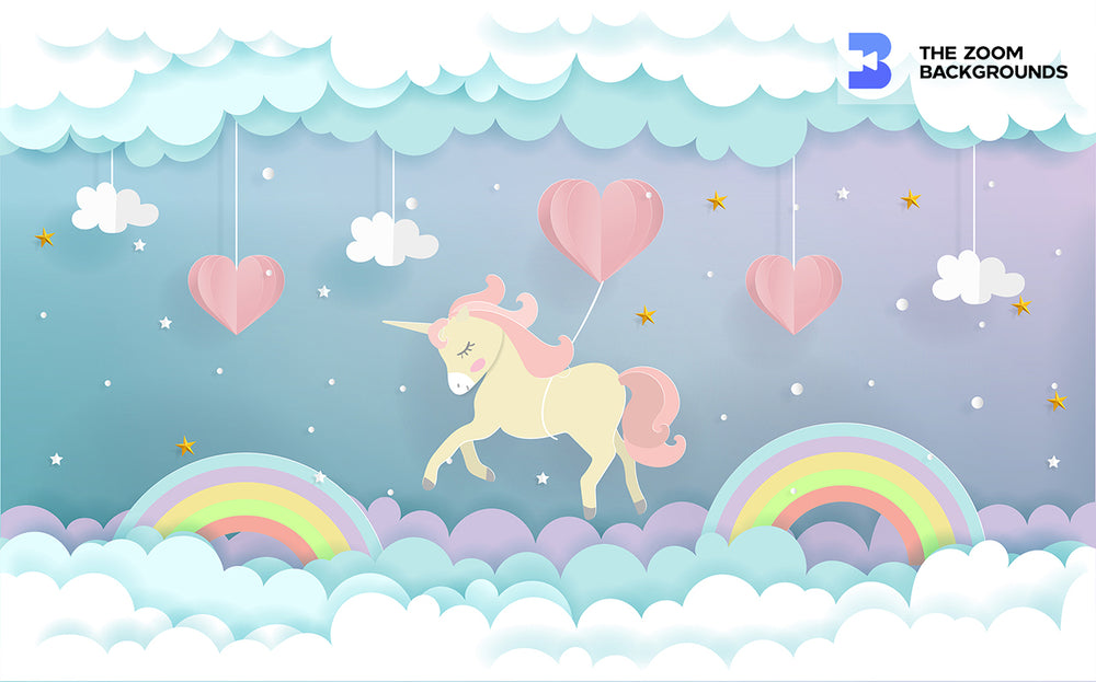 adorable papercut unicorn soaring with heart balloons party zoom back
