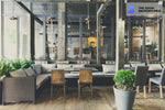 interior of coworking studio in loft style with dining and bar counter zoom background