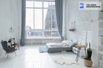 white loft apartment full of sun light with bungalow zoom background