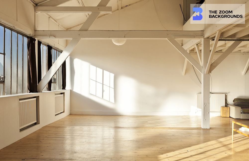 open space with beams and wooden floor zoom background