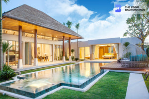 luxury pool villa with living room interior design zoom background