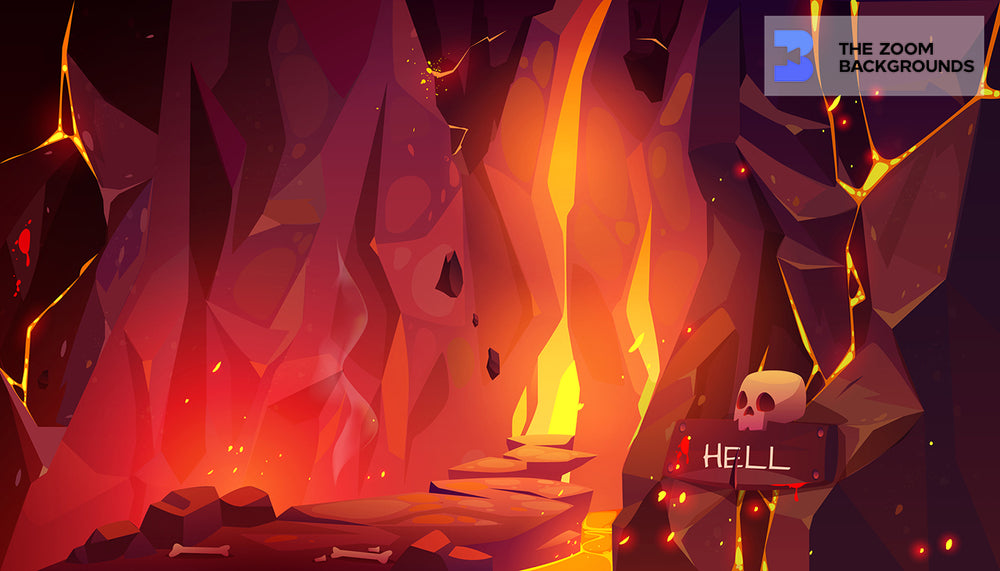 
            
                Load image into Gallery viewer, cartoon illustration infernal hot cave with lava and raging flames  w zoom background
            
        