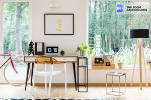 
            
                Load image into Gallery viewer, scandinavian forest window view in modern home workspace zoom background
            
        