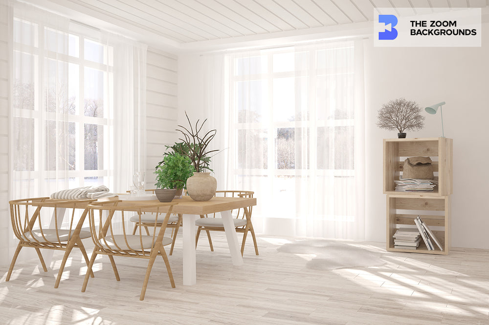 white simple dining room scandinavian design zoom background