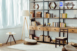 wooden furniture with books in living room zoom background