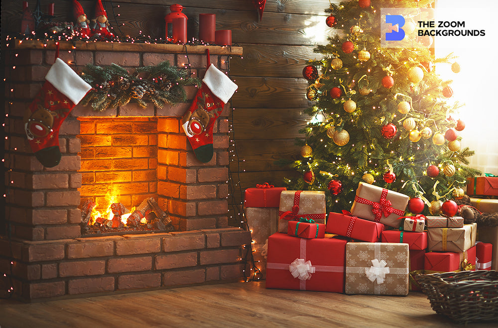 christmas tree fireplace and gifts interior zoom background