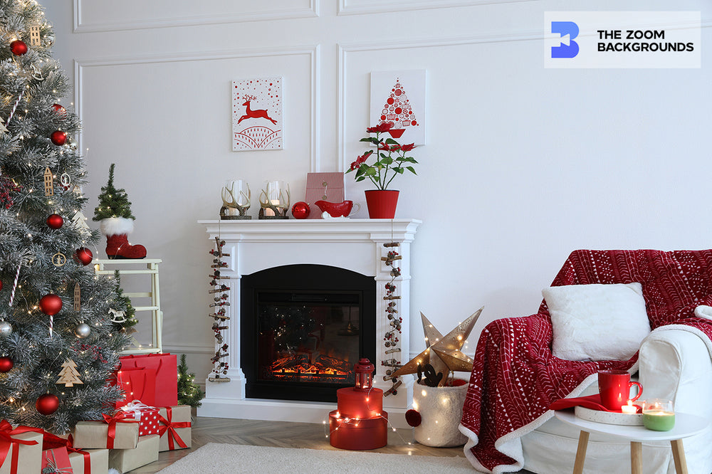 christmasdecorated fireplace living room interior zoom background