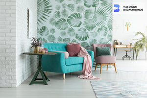 living room with green table plant next to blue sofa zoom background