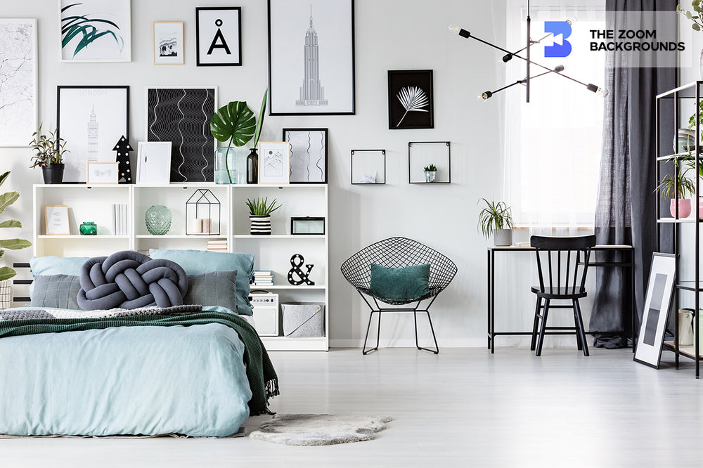 freelance loft bedroom interior with art wall and desk near the window zoom background