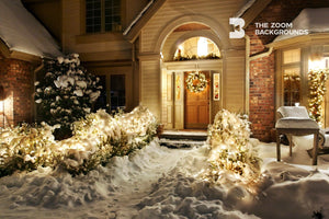christmas decorated snowed home entrance at night zoom background