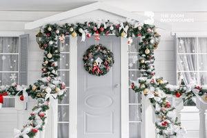 
            
                Load image into Gallery viewer, white christmas front door with wreath in snow zoom background
            
        