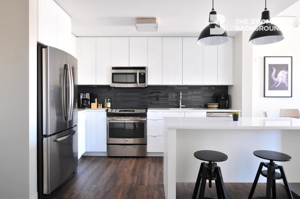 modern kitchen with metallic fridge zoom backgrounds