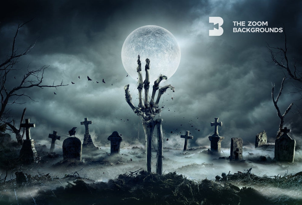 
            
                Load image into Gallery viewer, skeleton hand rising out of a graveyard zoom background
            
        